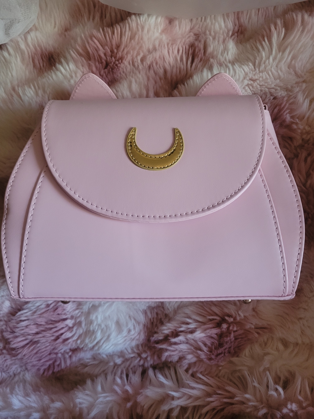 Cute Kawaii Magical Moon Cat  Pink Mini Crossbody Bag with Gold Crescent Accent